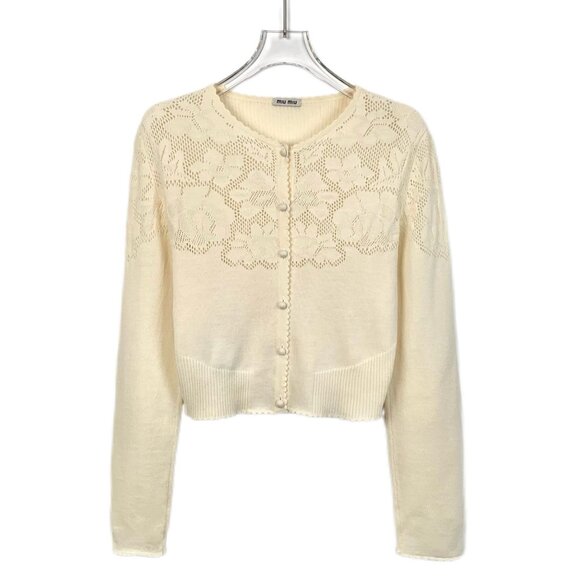 Miu Miu Womens Virgin Wool Knit Cardigan Sweater With Floral Lace Detail Button - Picture 1 of 7